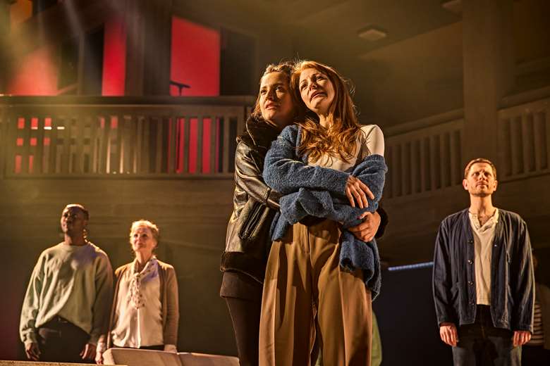 Lauryn Redding as Nikki, Laura Pitt-Pulford as Poppy and the cast of Standing at the Sky's Edge in the West End. (All images credit Brinkhoff-Moegenburg)